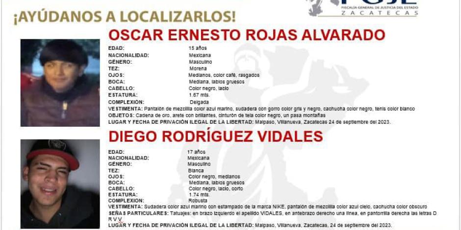 La Fiscalía General de Justicia del Estado (FGJE) de Zacatecas reportó la desaparición de 7 jóvenes