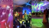 Celebran boda con 300 invitados en San Pedro, Coahuila; los novios bailan mientras canta Julio Preciado.