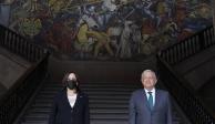 (Izq. a der.) La Vicepresidenta de EU, Kamala Harris y el Presidente Andrés Manuel López Obrador, el 8 de junio de 2021.