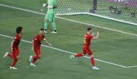 Jugadores de Bélgica celebran un gol contra Portugal en la Eurocopa 2021