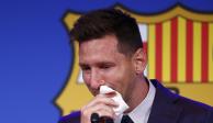Lionel Messi llora durante la conferencia de prensa en la que se despidió del Barcelona el pasado 8 de agosto.