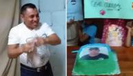 Policía padre de familia llora al ver su pastel de cumpleaños con su foto