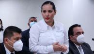 Sandra Cuevas, alcaldesa de Cuauhtémoc, durante la disculpa pública a tres mandos policiales