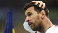 Lionel Messi lamenta una acción durante el partido entre PSG y Racing de Estrasburgo, el pasado 29 de abril.