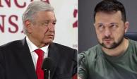 El Presidente López Obrador (izq.) criticó la postulación del mandatario ucraniano Volodimir Zelenski (der.) al Premio Nobel de la Paz.