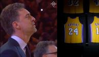 Pau Gasol conmovido durante la ceremonia de retiro de su número '16' con los Lakers.