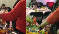 Una señora fue captada tomando muchos dulces de una mesa decorativa en una fiesta de 15 años.