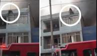 La secuencia de imágenes muestra el momento en que un indigente trepa la fachada de una vivienda en llamas para ayudar a 25 peeros en peligro por las llamas