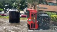Tinaco de 5 mil litros navega en avenida inundada y choca contra un autobús.