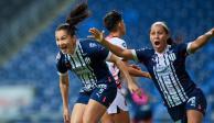 Futbolistas de las Rayadas del Monterrey festejan un gol en la Liguilla de la Liga MX Femenil.