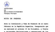 Cancillería de Ortega notifica salida de su embajador en Argentina.