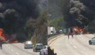 Tras choque se incendian tráileres en la autopista México-Querétaro.