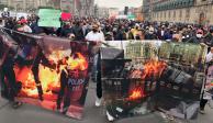 Uniformados exhiben pancartas con fotografías de agresiones sufridas por el gremio durante manifestaciones, ayer.