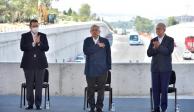 De izq. a der. el gobernador de Tlaxcala, Marco Antonio Mena, López Obrador y el titular de la SCT, Javier Jiménez Espriú, ayer.