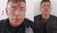 Dos uniformados muestran las lesiones que sufrieron tras ser agredidos en un retén en Ixtapa, Chiapas.
