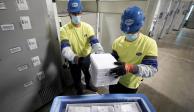 Personal de Pfizer/BioNTech guardan cajas con la vacuna desarrollada por ese laboratorio para su producción, en imagen de archivo.