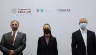 De izq. a der.: el subsecretario de Salud, Hugo López-Gatell; la Jefa de Gobierno, Claudia Sheinbaum, y el gobernador del Edomex, Alfredo del Mazo, ayer.