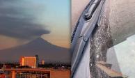 Vehículos en Puebla muestran una ligera capa de ceniza tras la caída por recientes exhalaciones del Popocatépetl.