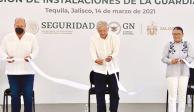 De izq. a der.: Enrique Alfaro, gobernador de Jalisco; el Presidente López Obrador; Rosa Icela Rodríguez, secretaria de Seguridad, y Beatriz Miramontes, presidenta municipal de Tequila, ayer.