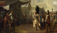 Cuauhtémoc y Cortés, representados por Joaquín Ramírez, en 1892. Forma parte de la exposición dedicada a Tenochtitlan.