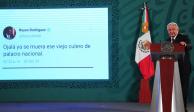Durante su conferencia matutina, Andrés Manuel López Obrador, presidente de México, muestra un tuit atribuido a Reyes Rodríguez.