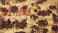 La batalla de Zempoala, de la serie La conquista de México. Tablero policromado, laquedado y con embutidos de concha nácar.