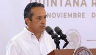 El gobernador de Quintana Roo, Carlos Joaquín González, durante la conferencia de esta mañana con el Presidente López Obrador