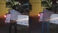 En redes sociales se publicó un video en el que se observa cómo los sujetos ordenan a una persona a pegarse a una camioneta blanca, para después pegarle.