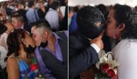 Fotografías de algunas parejas besándose tras casarse durante una boda masiva en Neza.