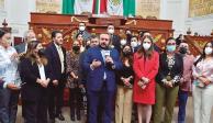 Los coordinadores de la oposición, durante su conferencia de prensa de ayer.