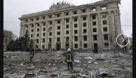 Edificio del Ayuntamiento dañado en Kharkiv, Ucrania, el martes 1 de marzo de 2022