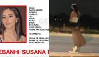 A la izquierda, parte de la ficha de búsqueda de Debanhi Susana Escobar Bazaldúa; a la derecha, la fotografía en la que la joven apareció por última vez.