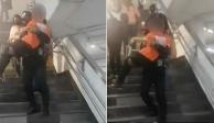 Metro CDMX: Policía ayuda a menor con dificultad para caminar a bajar escaleras.