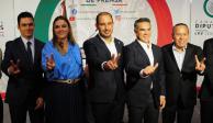 De izq. a der.: Jorge Romero,  Cecilia Patrón, Marko Cortés, Alejandro Moreno y Jesús Zambrano, en conferencia de prensa de Va por México, ayer.