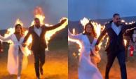 Recién casados se prenden fuego para entrar a su fiesta y se vuelven virales en TikTok.