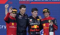 Charles Leclerc, Max Verstappen y Carlos Sainz festejan su podio en el Gran Premio de Miami de F1, el pasado 8 de mayo.