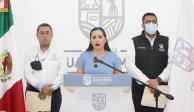 La alcaldesa de Cuauhtémoc, Sandra Cuevas, durante su mensaje ofrecido a los medios de comunicación..