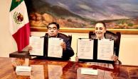 La Jefa de Gobierno de la CDMX, Claudia Sheinbaum, y el gobernador de Puebla, Miguel Barbosa, firman convenio de seguridad