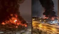 La imagen muestra dos aspectos del incendio que consumió un centro comercial en Moscú