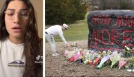 En la imagen, Jackie Matthews, estudiante de 21 años de edad de la Universidad Estatal de Michigan. Una persona deja flores en The Rock en los terrenos de la MSU tras tiroteo&nbsp;