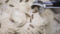 Thomas Micolino, dueño de la heladería Eiscafé Rino, recoge cucharadas de helado con grillos en Rottenburg am Neckar.