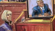 E. Jean Carroll mira un video de Donald Trump en un juicio que se sigue en Nueva York