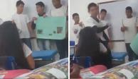 La secuencia de imágenes muestra el momento en que un joven agrede a su compañera de clase porque se burló de él durante una exposición