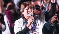 Delfina Gómez Álvarez, acompañada por la estructura de MORENA, PVEM y PT, festeja su triunfo en el Estado de México.la noche del 4 de junio de 2023
