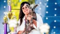 Scooter, un crestado chino de 7 años, está en manos de la dueña Linda Elmquist después de ganar el primer puesto en el Concurso del perro más feo del mundo en la Feria de Sonoma-Marin en Petaluma, California, el viernes 23 de junio de 2023.