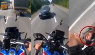 Secuencia: Motociclista pierde parte del pie izquierdo al rebasar un tráiler