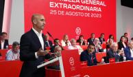 El presidente de la federación española de futbol, Luis Rubiales, durante una asamblea extraordinaria de la entidad, el viernes 25 de agosto de 2023, en Las Rozas, España.