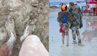En la primera imagen, una persona con los pies cubiertos de lodo en el evento Burning Man; en la segunda, Dub Kitty y Ben Joos, después de que una tormenta convirtiera el sitio en un lodazal