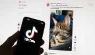 l logotipo de TikTok se ve en un teléfono móvil frente a una pantalla de computadora que muestra la pantalla de inicio de TikTok, el 18 de marzo de 2023.