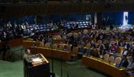 El presidente Volodimir Zelenski da un discurso ante la Asamblea General de la ONU, ayer.